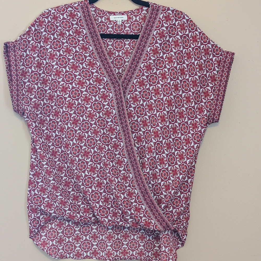 Max Studio Burgundy/Red Patterned Wrap Blouse - image 1